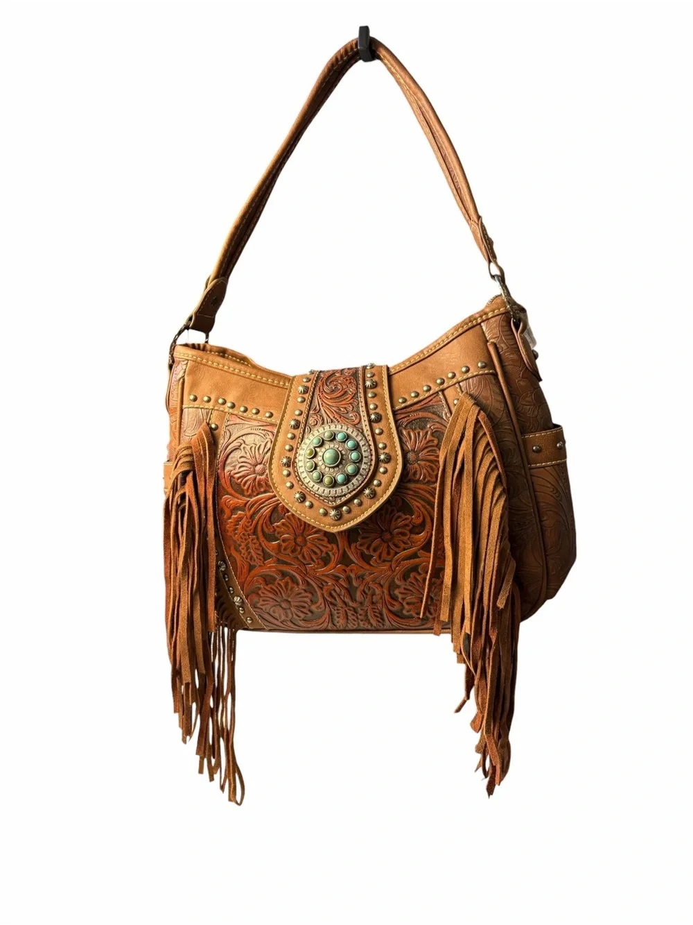 Trinity Ranch Tooled Leather Brown Purse Turquoise Stones Fringe Zippered Pocket